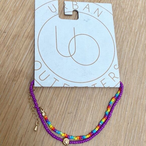 Urban Outfitters Jewelry - Urban Outfitters Purple Multicolor Rainbow Beaded Anklet Set Crescent Moon Bead